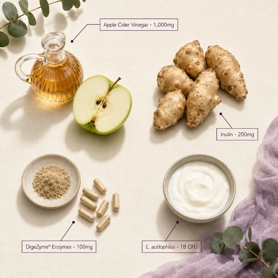 HEALHER actives — apple cider vinegar, inulin, DigeZyme enzymes, probiotic